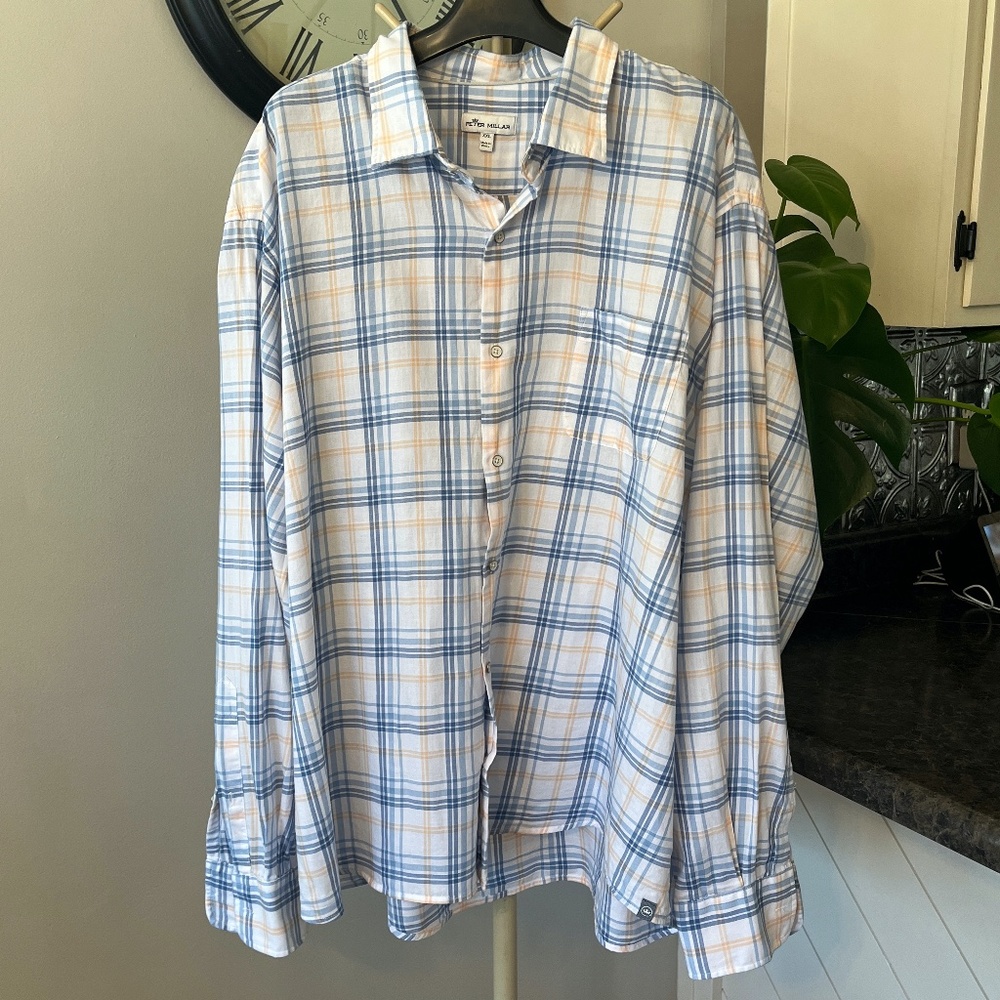 Peter Millar Mens Button Up‎ Long Sleeve Shirt | Size XXL | Blue Orange Plaid